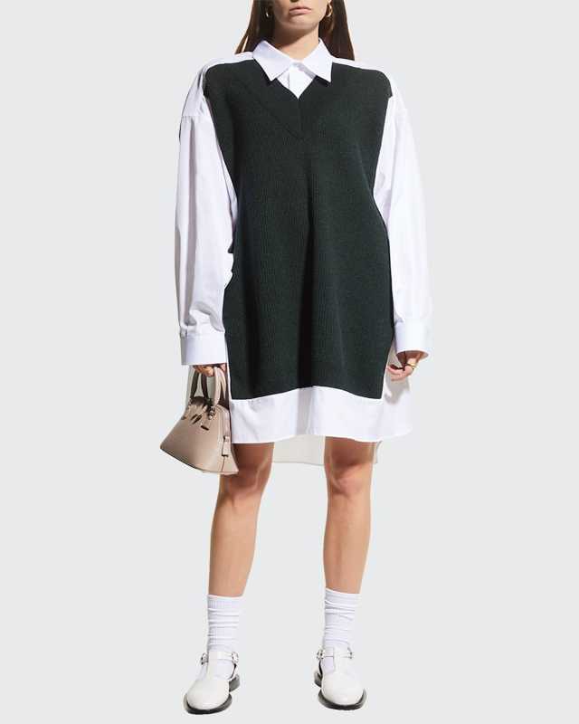 Spliced Knit Poplin Shirtdress