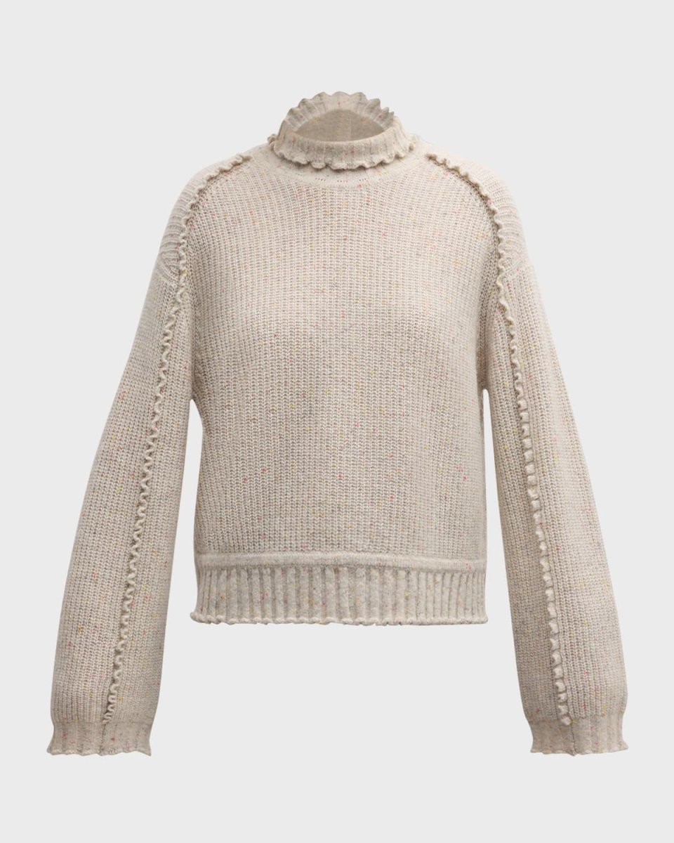 Speckled Mock-Neck Ruffle Cashmere Sweat