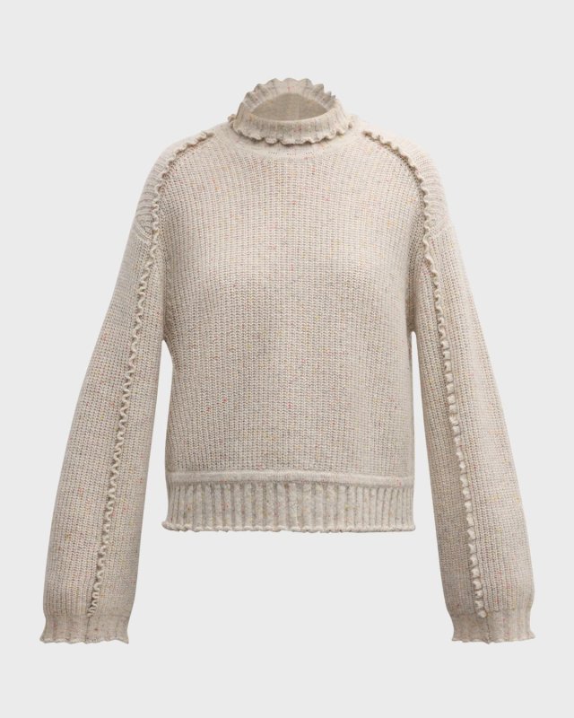 Speckled Mock-Neck Ruffle Cashmere Sweat