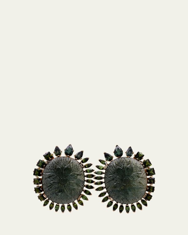 Hand Carved and Faceted Green Tourmaline Earrings in 18K Gold