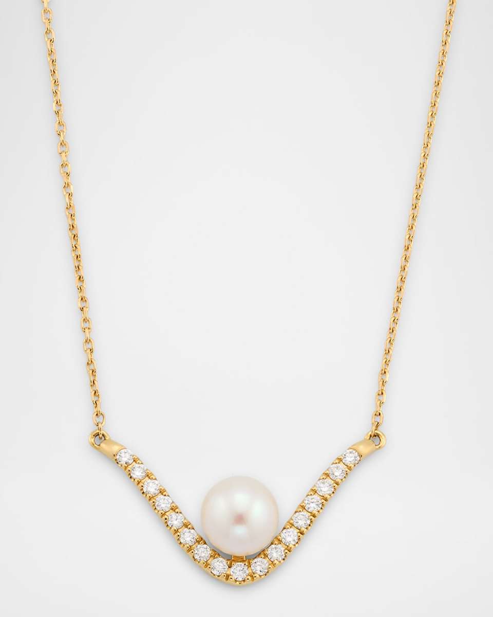 14K Yellow Gold Diamond and Floating Freshwater Pearl Necklace, 5mm