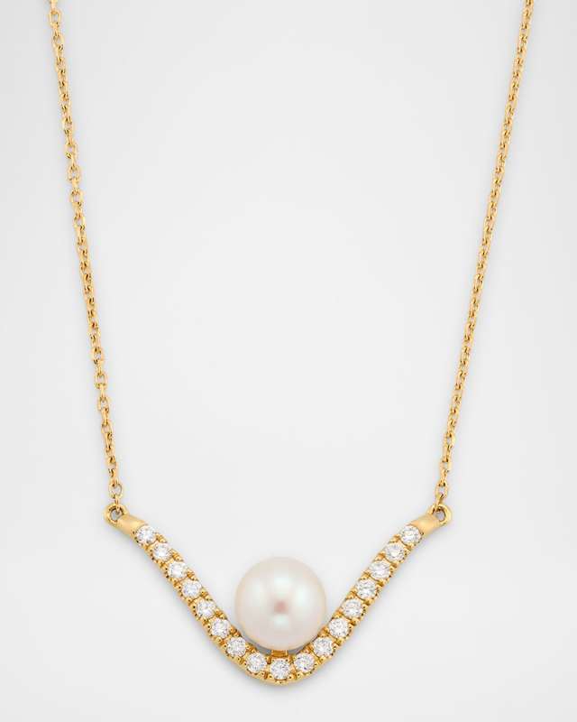 14K Yellow Gold Diamond and Floating Freshwater Pearl Necklace, 5mm