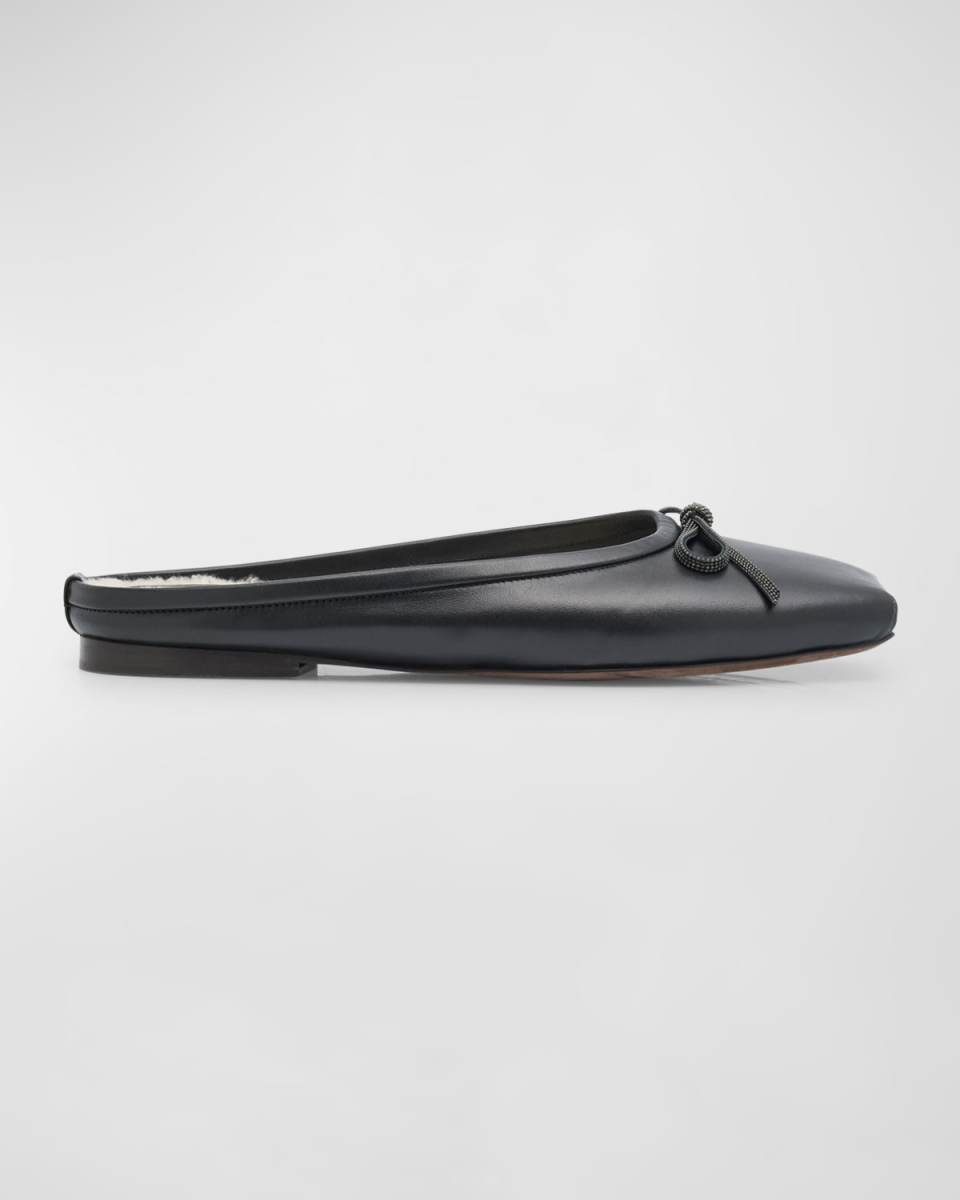 Leather Shearling Bow Ballerina Mules