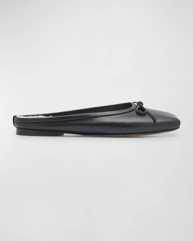 Leather Shearling Bow Ballerina Mules