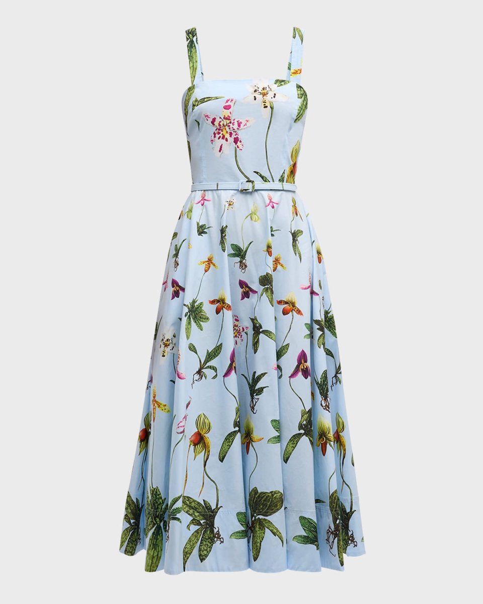 Orchids Cotton Poplin Belted Midi Tank Dress