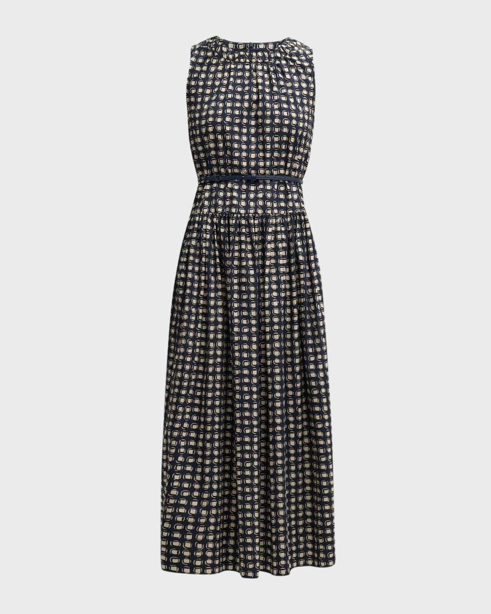 Gina Abstract-Print Sleeveless Belted Midi Dress