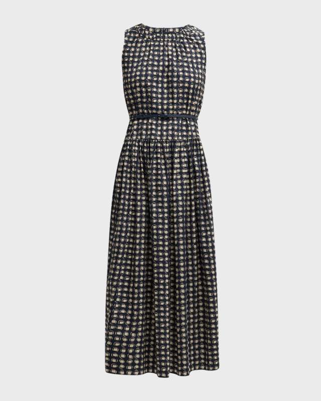 Gina Abstract-Print Sleeveless Belted Midi Dress