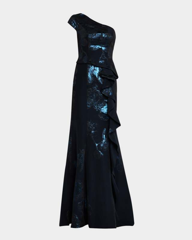 One-Shoulder Ruffle Jacquard Gown