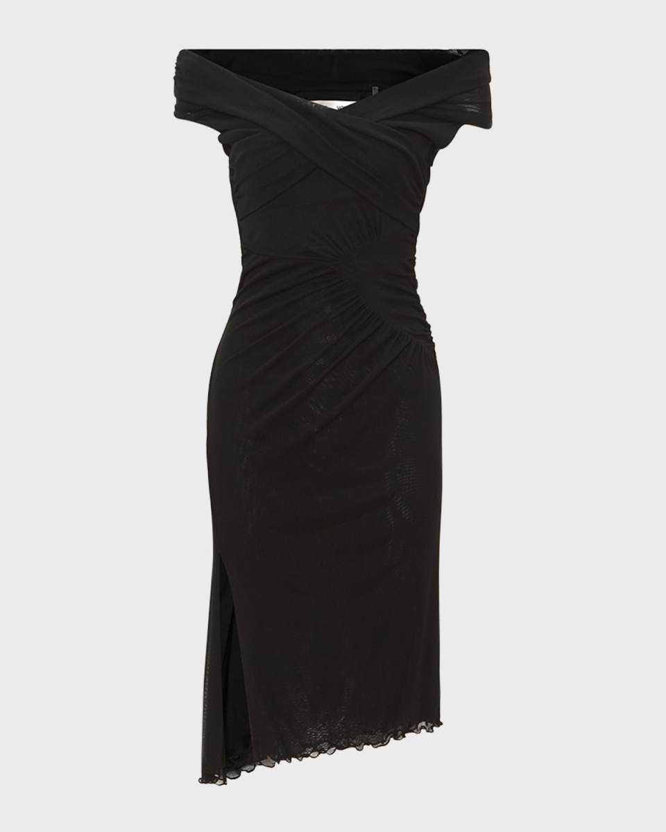 Lovinia Ruched Off-Shoulder High-Low Midi Dress