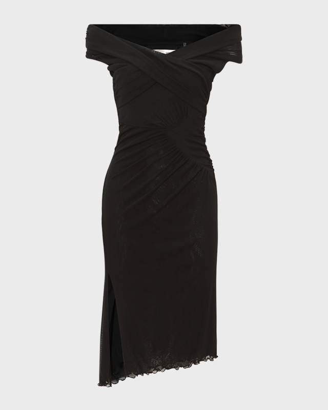 Lovinia Ruched Off-Shoulder High-Low Midi Dress