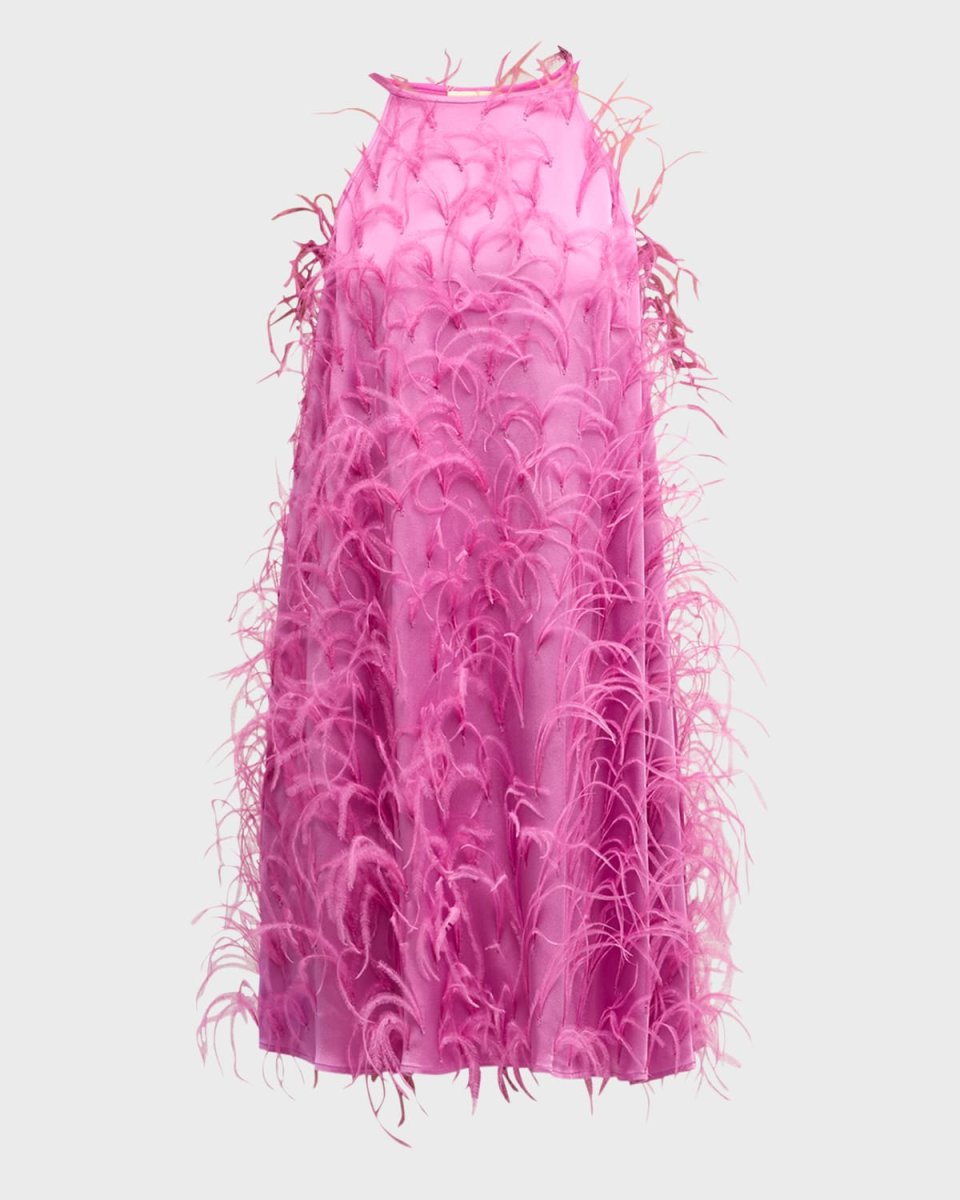 Feather Embellished Doubleface Satin Halter Mini Dress