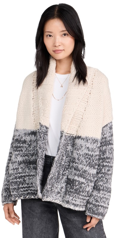 James Perse Chunky Hand Knit Beach Cardigan Ivory/Grey Marl