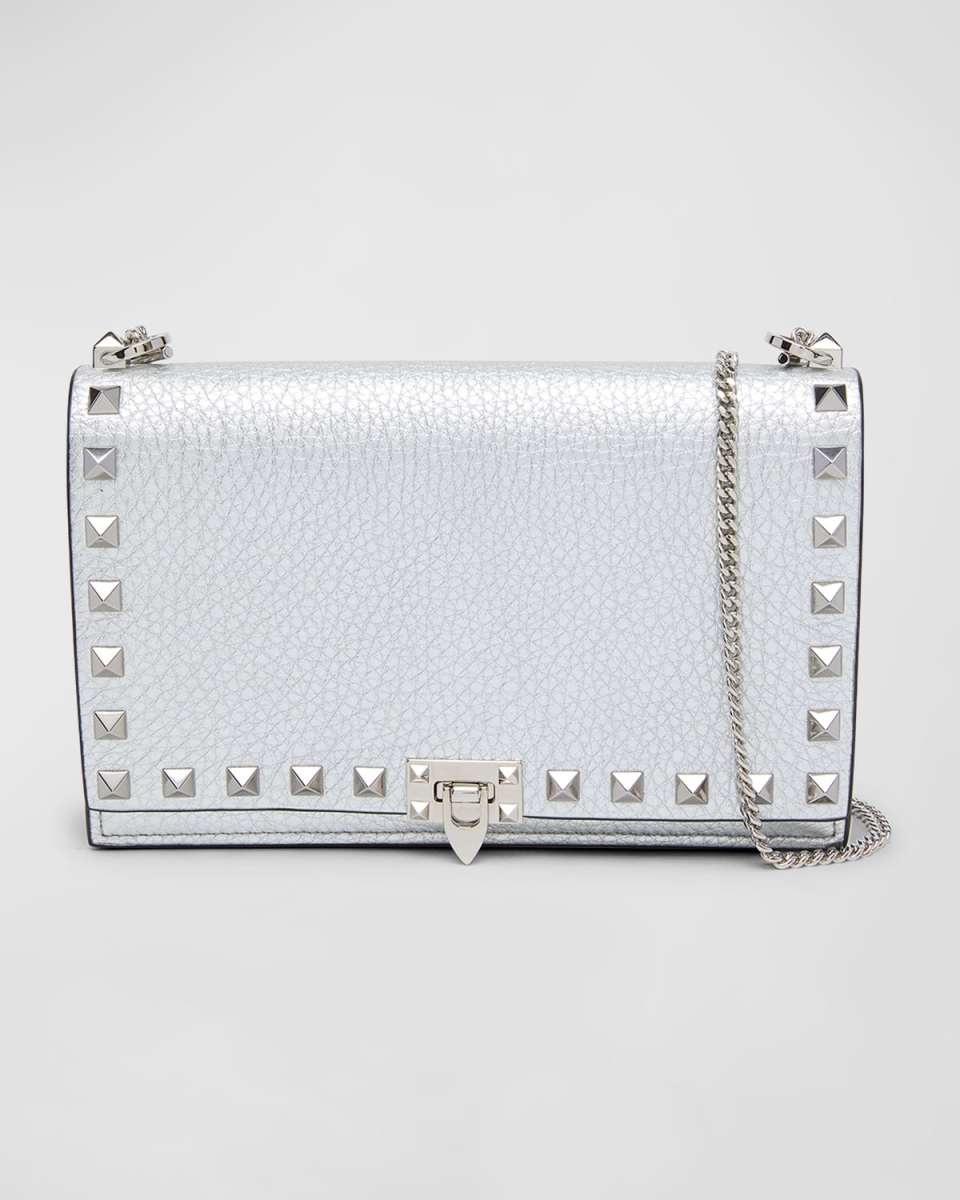 Rockstud Metallic Leather Wallet on Chain