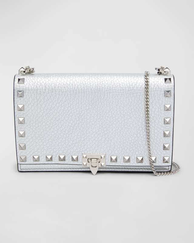 Rockstud Metallic Leather Wallet on Chain