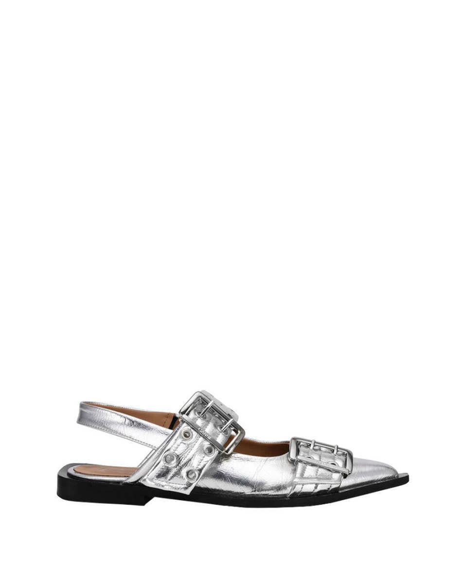 Silver Metallic Feminine Buckle Ballerina Metallic