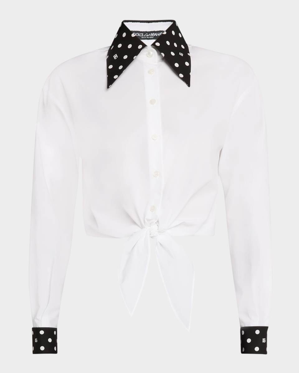 Polka-Dot Collar Tie Crop Cotton Shirt