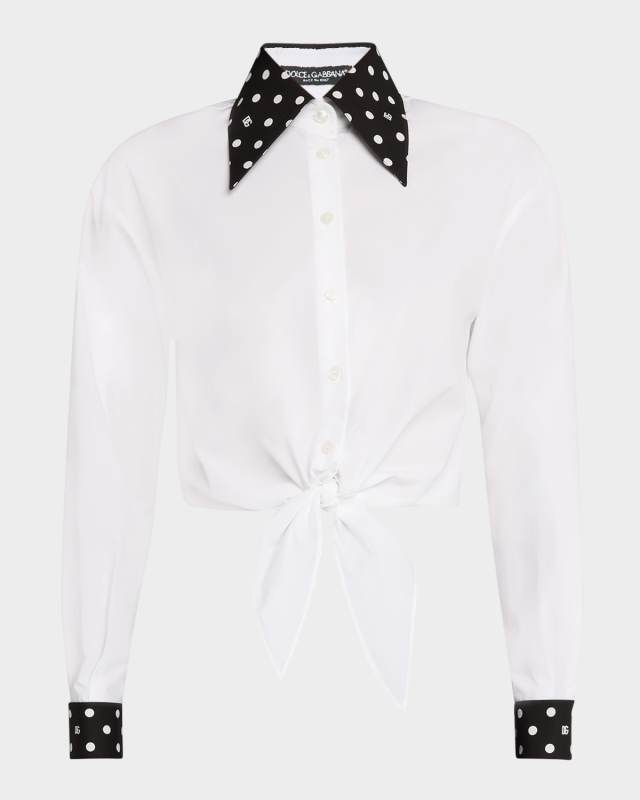 Polka-Dot Collar Tie Crop Cotton Shirt