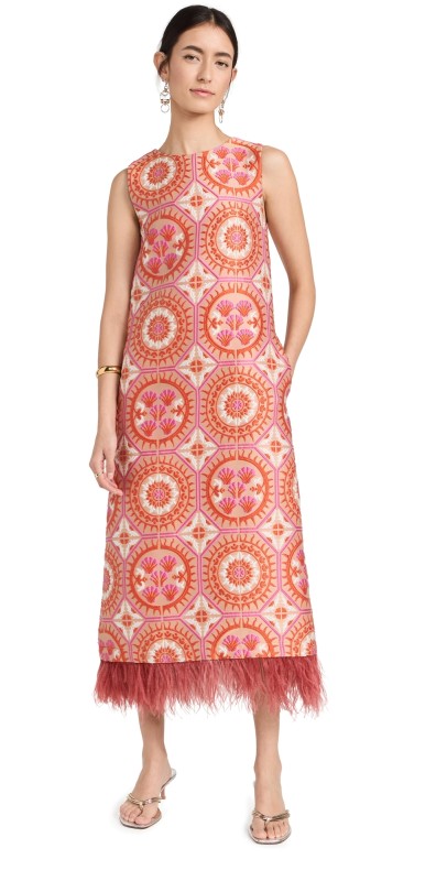 La Double J Column Dress with Ostrich Feathers Sun Jacquard