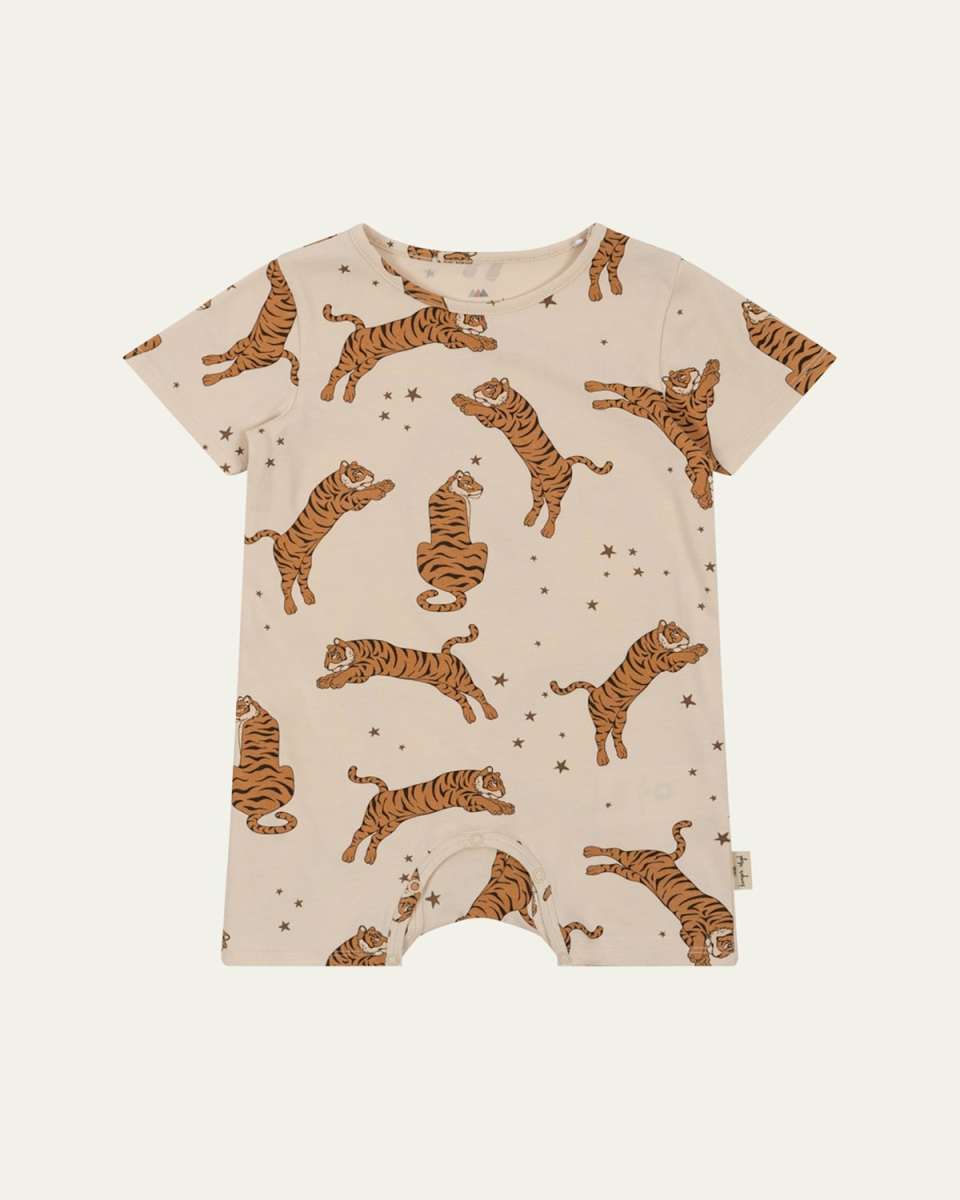 Kid's Tiger-Print Organic Cotton Romper, Size 3M-12