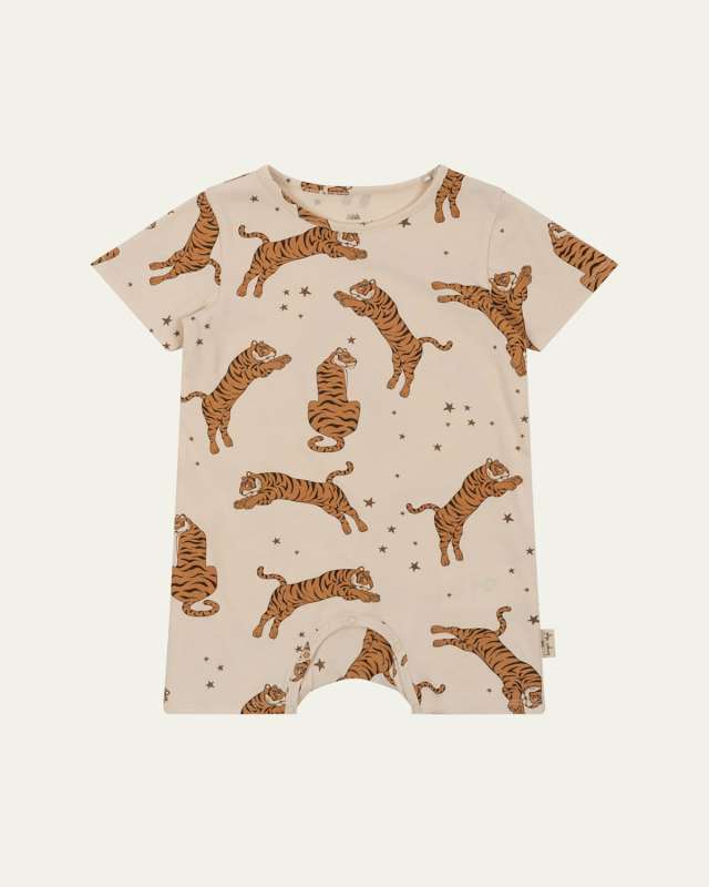 Kid's Tiger-Print Organic Cotton Romper, Size 3M-12