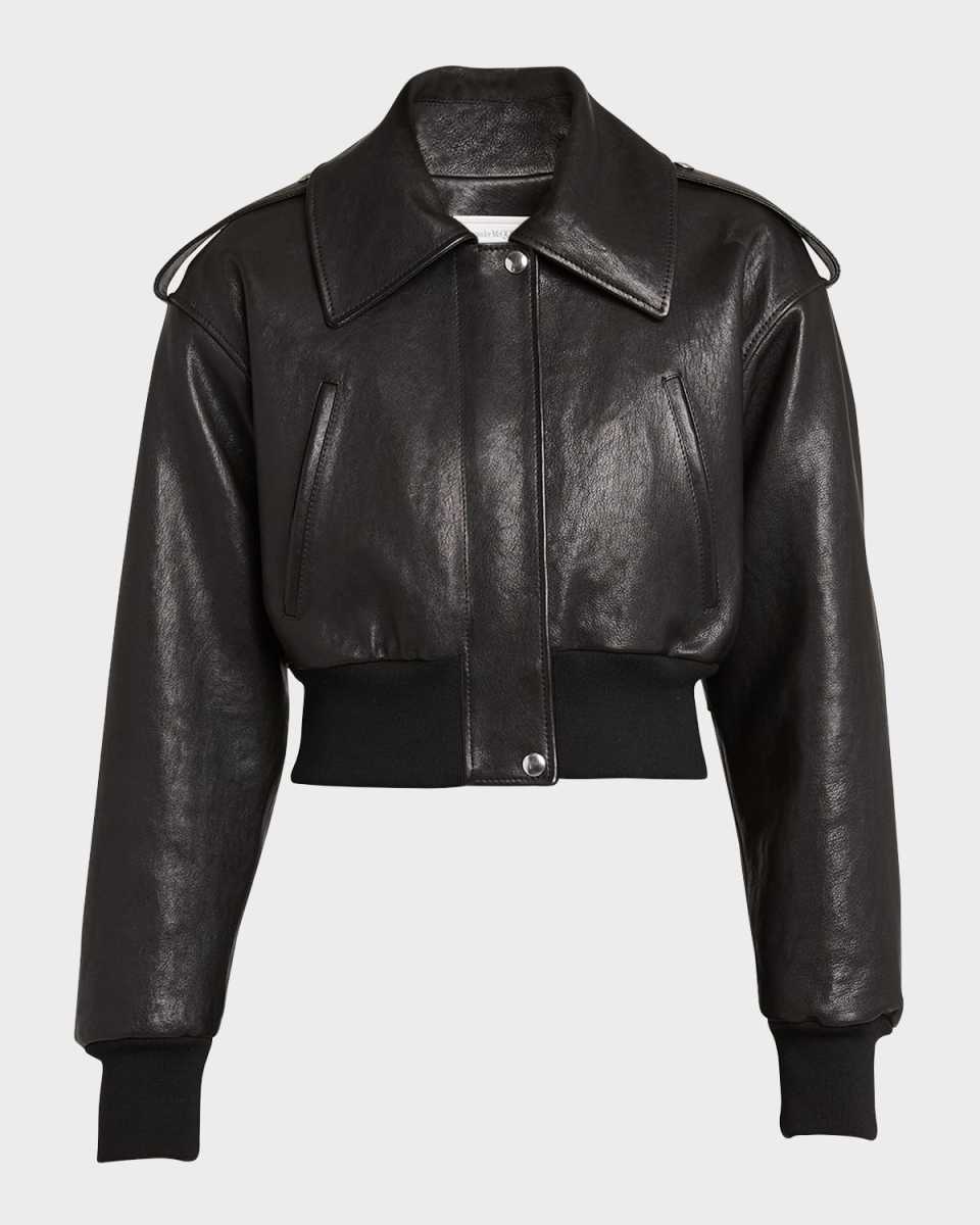 Cropped Leather Aviator Bomber Jacket