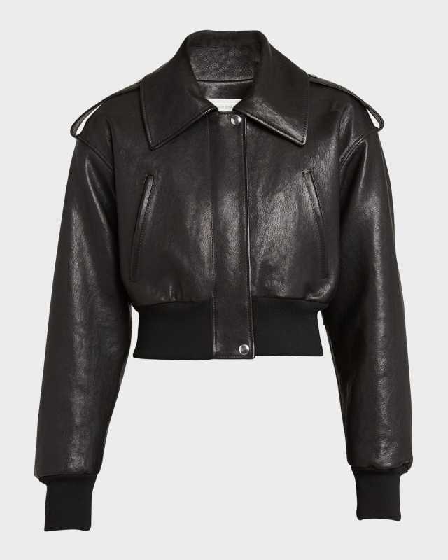Cropped Leather Aviator Bomber Jacket