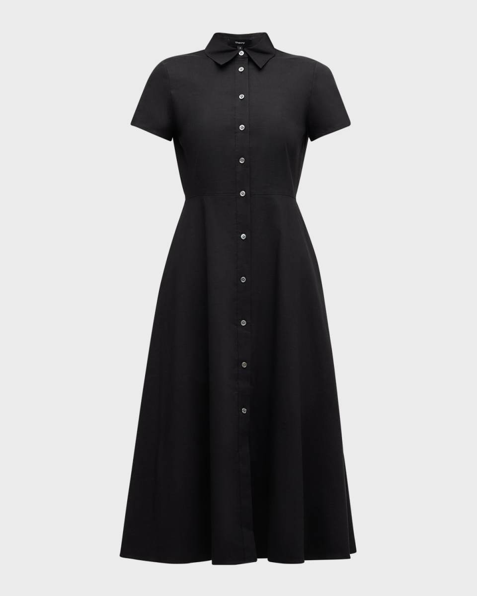 Good Linen Short-Sleeve Button-Front Midi Shirt Dress