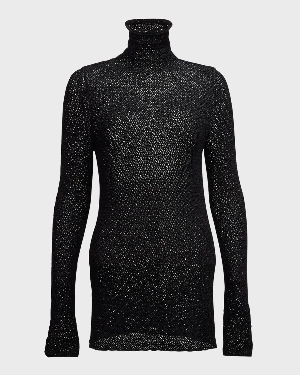 Turtleneck Long-Sleeve Crochet Knit T-Shirt
