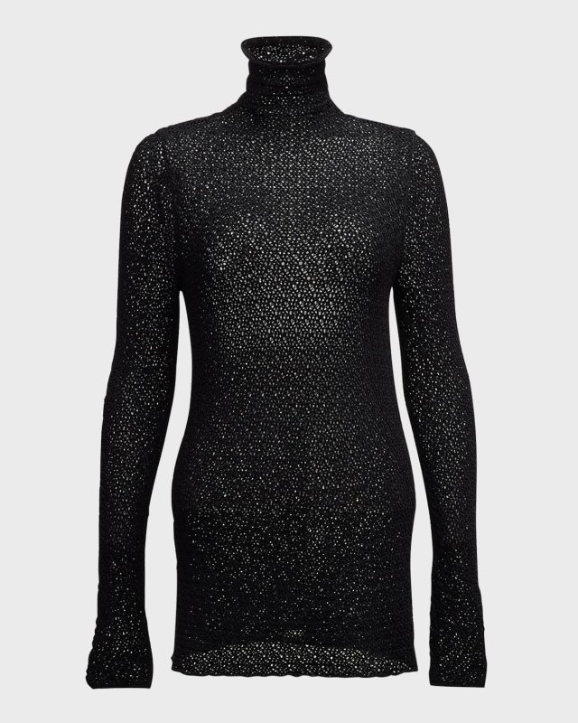Turtleneck Long-Sleeve Crochet Knit T-Shirt