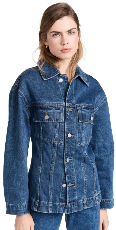 Moon Riverong Sleeve Stand Collar Chest Pockets Midength Jacket Dark Denim