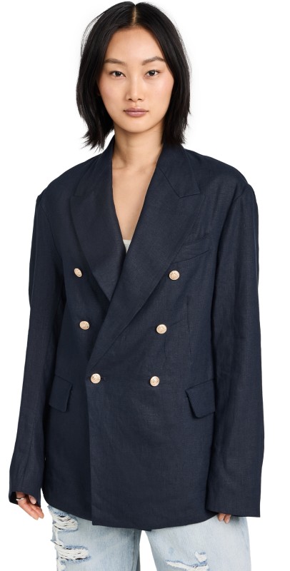 Denimist Double Breasted Peak Lapel Blazer Navy Linen