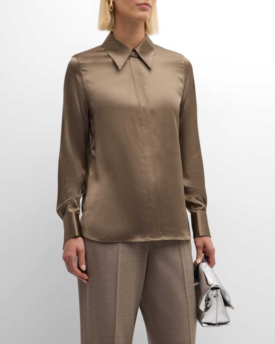 Spread-Collar Silk Charmeuse Blouse