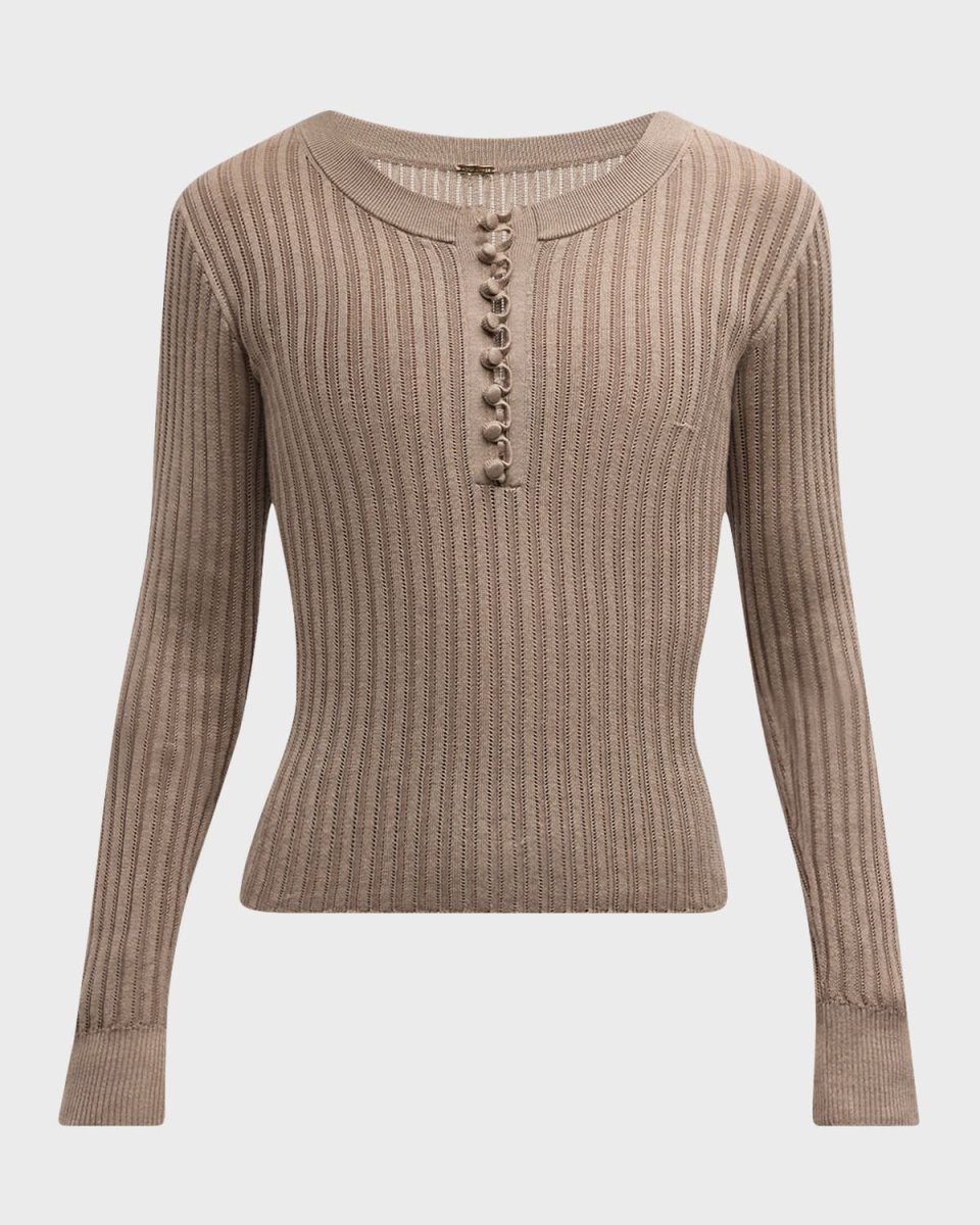 Parker Cashmere-Silk Rib Knit Long-Sleeve Henley Sweat