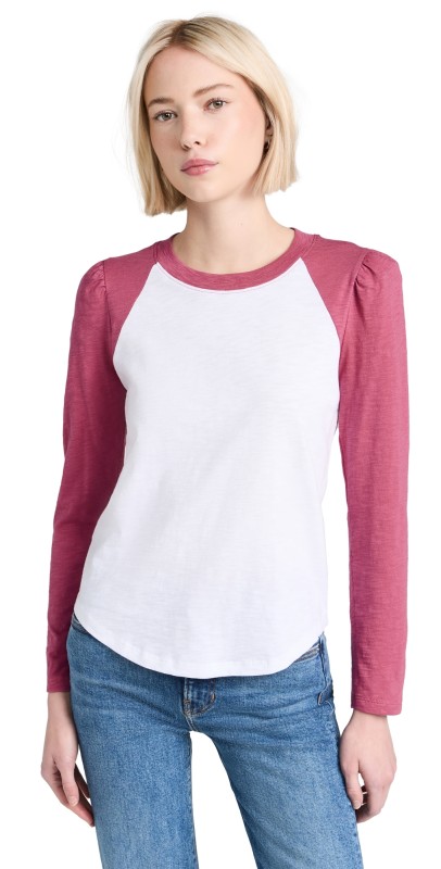 Veronica Beard Jeanason Baseball Tee White/Soft Raspberry