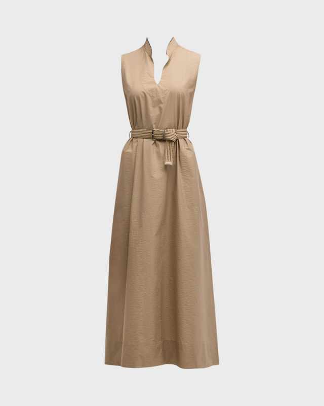 Monili-Collar Raffia-Belt Sleeveless Crinkle Cotton Maxi Dress