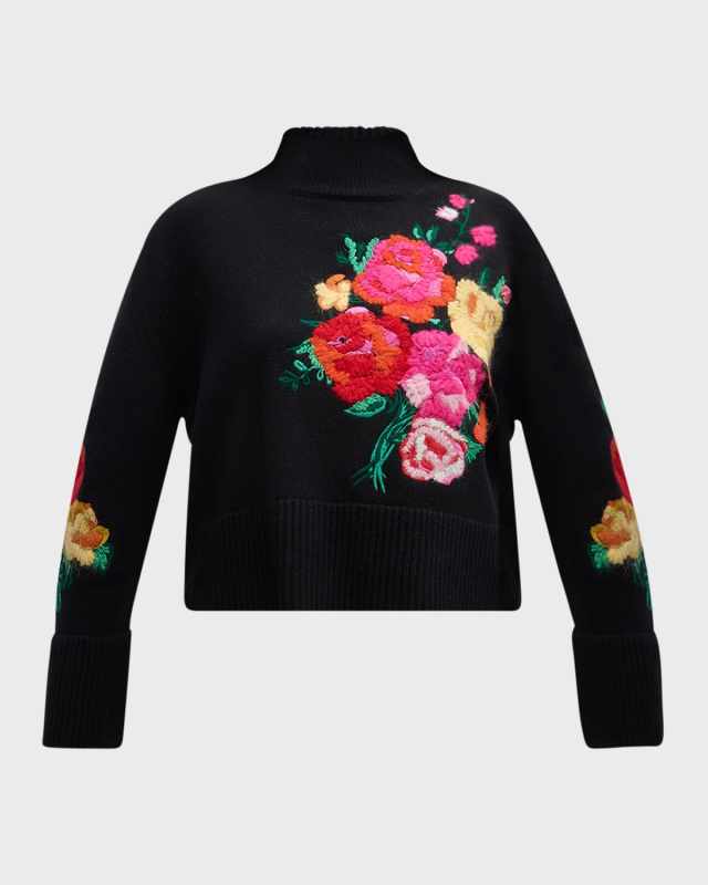 Floral-Embroidered Wool Cashmere Turtleneck Sweat