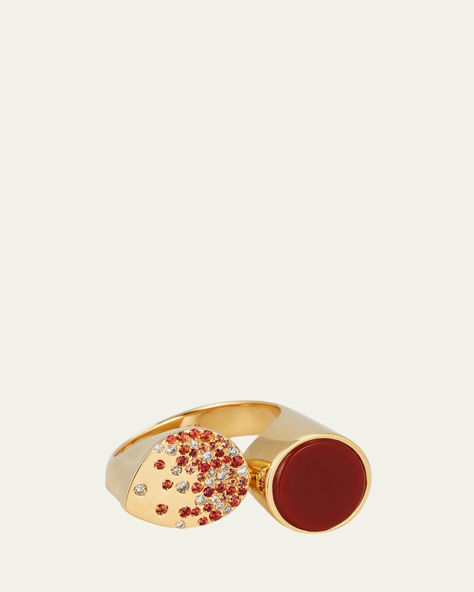 Oera Fairmined 18K Yellow Gold Carnelian, Sapphire and Brown Diamond Double Signet Ring
