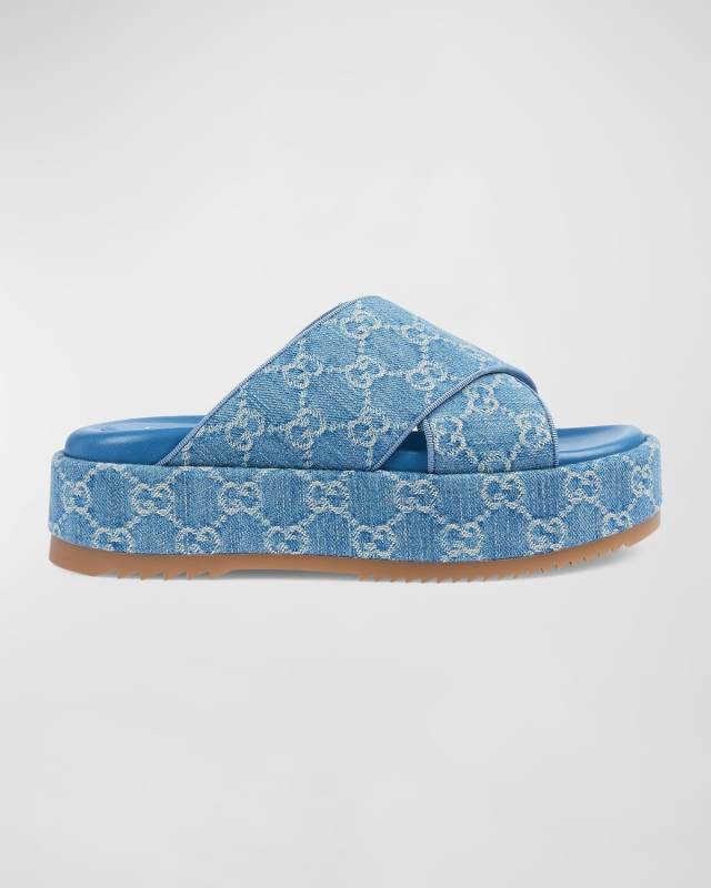 Angelina GG Denim Crisscross Platform Sandals