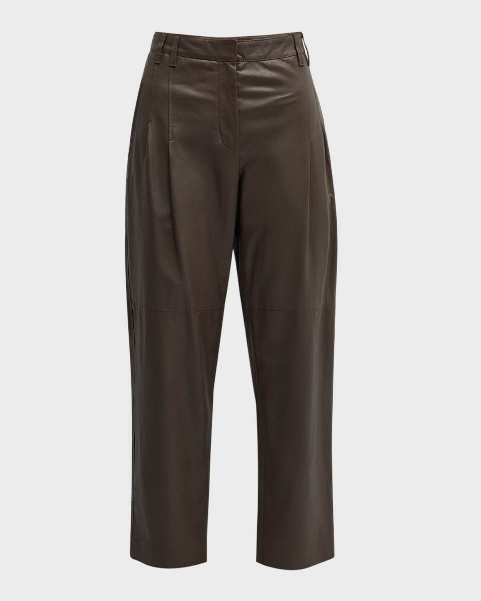 Natural-Washed Shiny Leather Pleated Pants