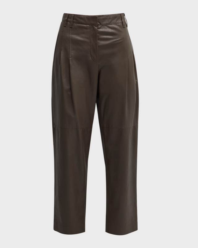 Natural-Washed Shiny Leather Pleated Pants