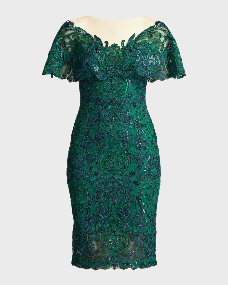 Illusion Sequin Lace Capelet Dress