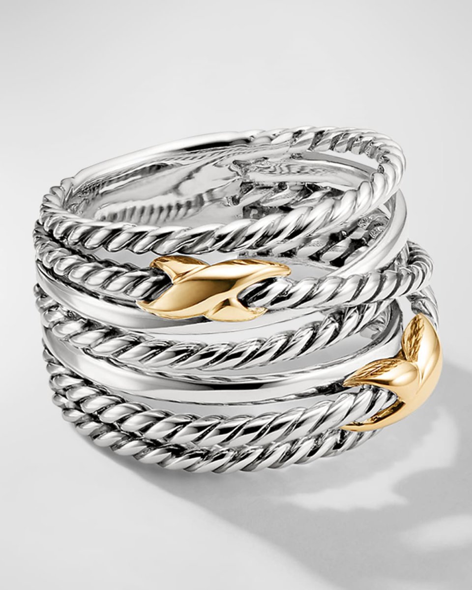 Double X Crossover Ring in Silver with 18K Gold, 13mm