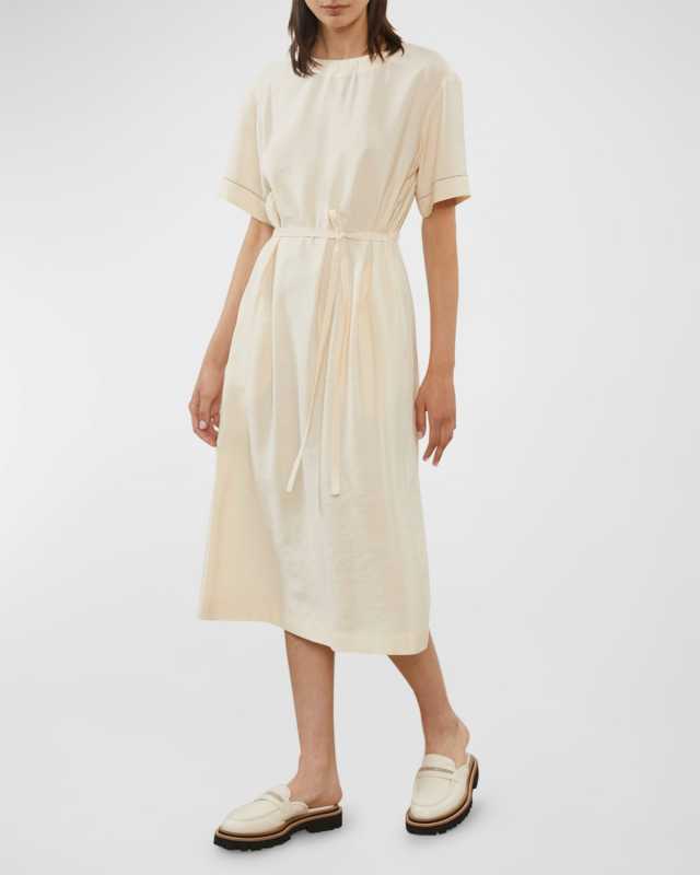 Tie-Waist Chain-Embellished A-Line Midi Dress