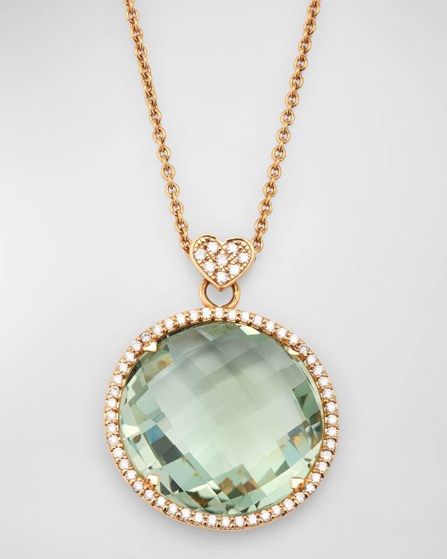 Rocks 18K Rose Gold Green Quartz Diamond Halo and Heart Bail Pendant Necklace