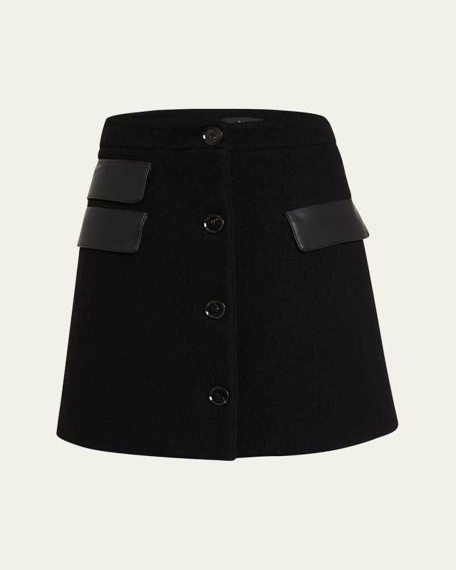 Mei Faux Leather Pocket Button-Front Wool Mini Skirt