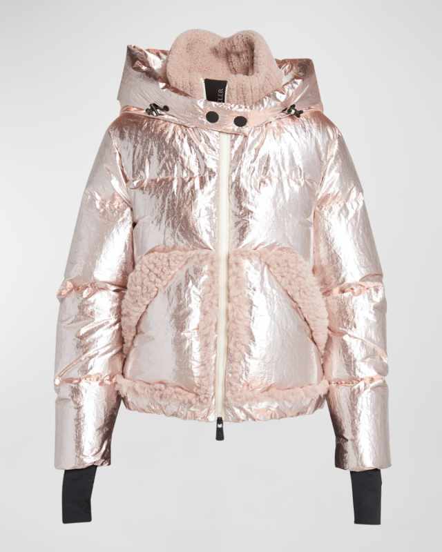 Trevelin Metallic Puffer Jacket with Shearling Trim