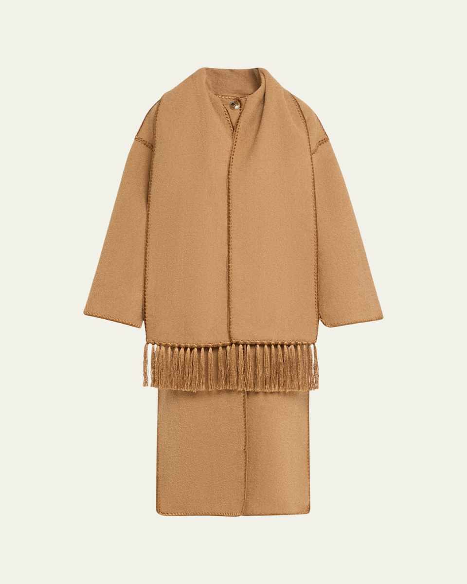 Fringe Embroidered Scarf Wool Coat