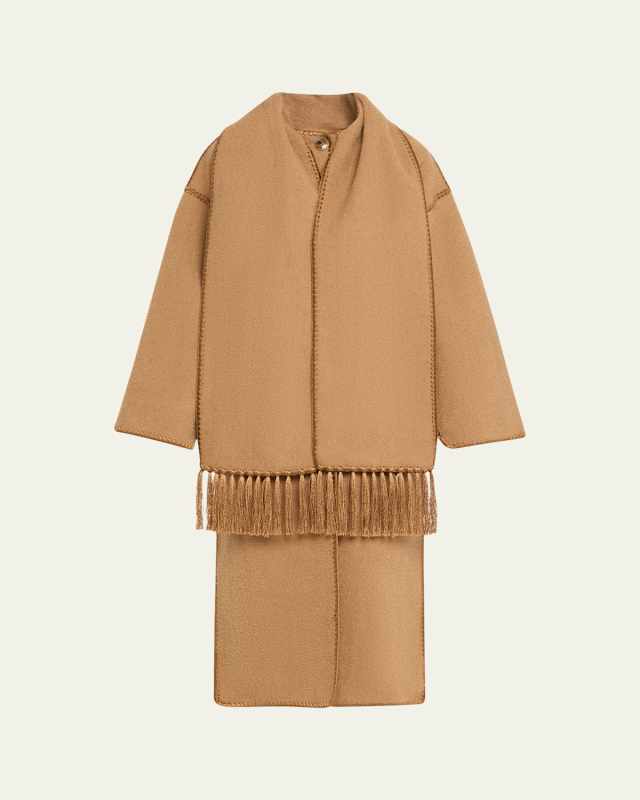 Fringe Embroidered Scarf Wool Coat