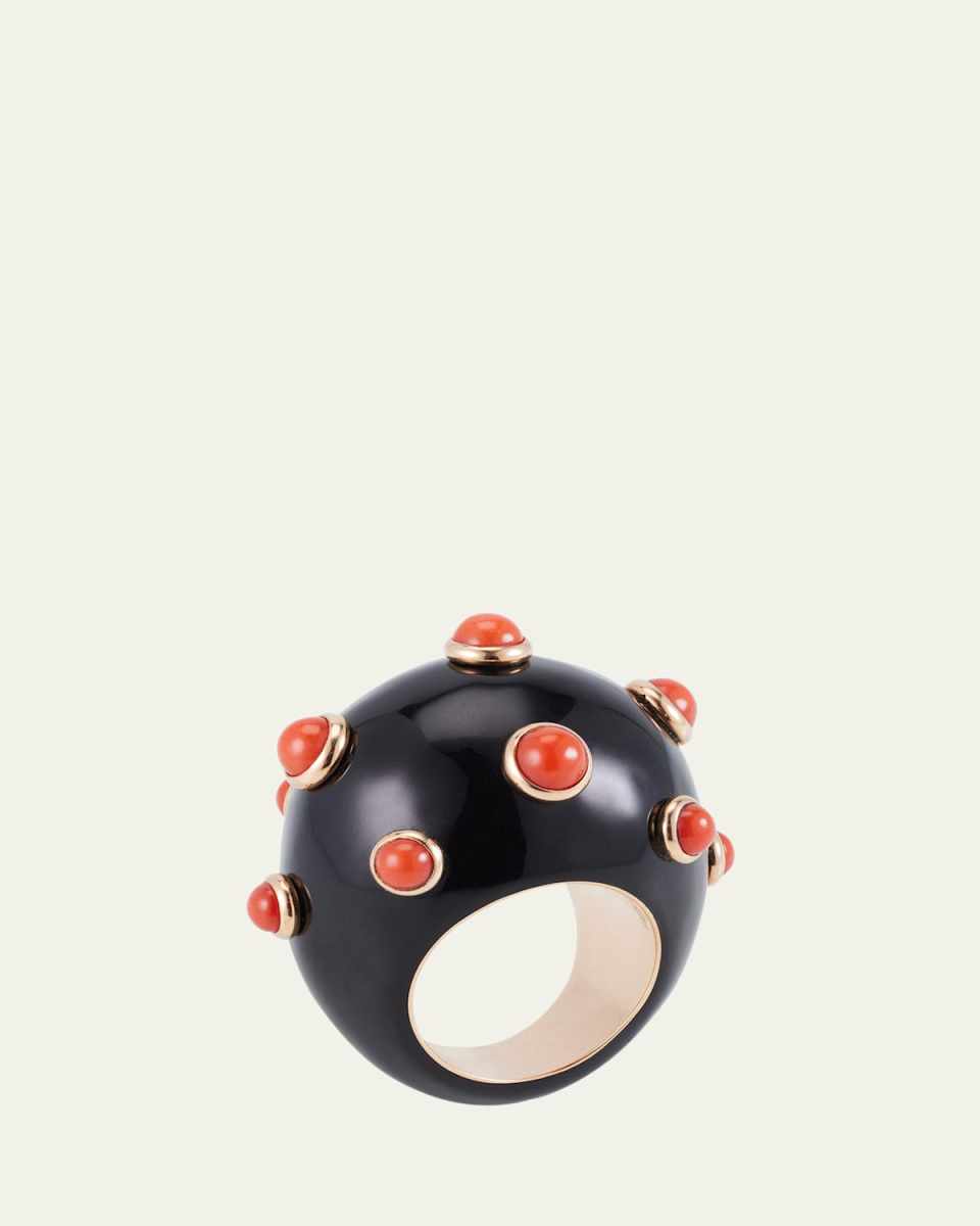 18K Rose Gold Goccia Ring with Black Enamel and Coral