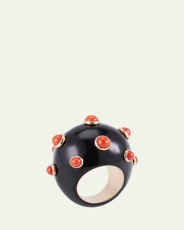 18K Rose Gold Goccia Ring with Black Enamel and Coral